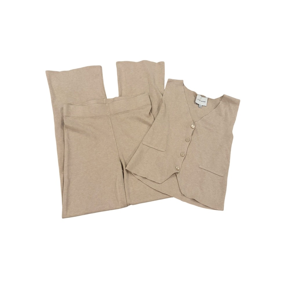 Pink Rose Womens Tan Beige Knit 2 Piece Set Vest and Wide Leg Pants XS 4T01761